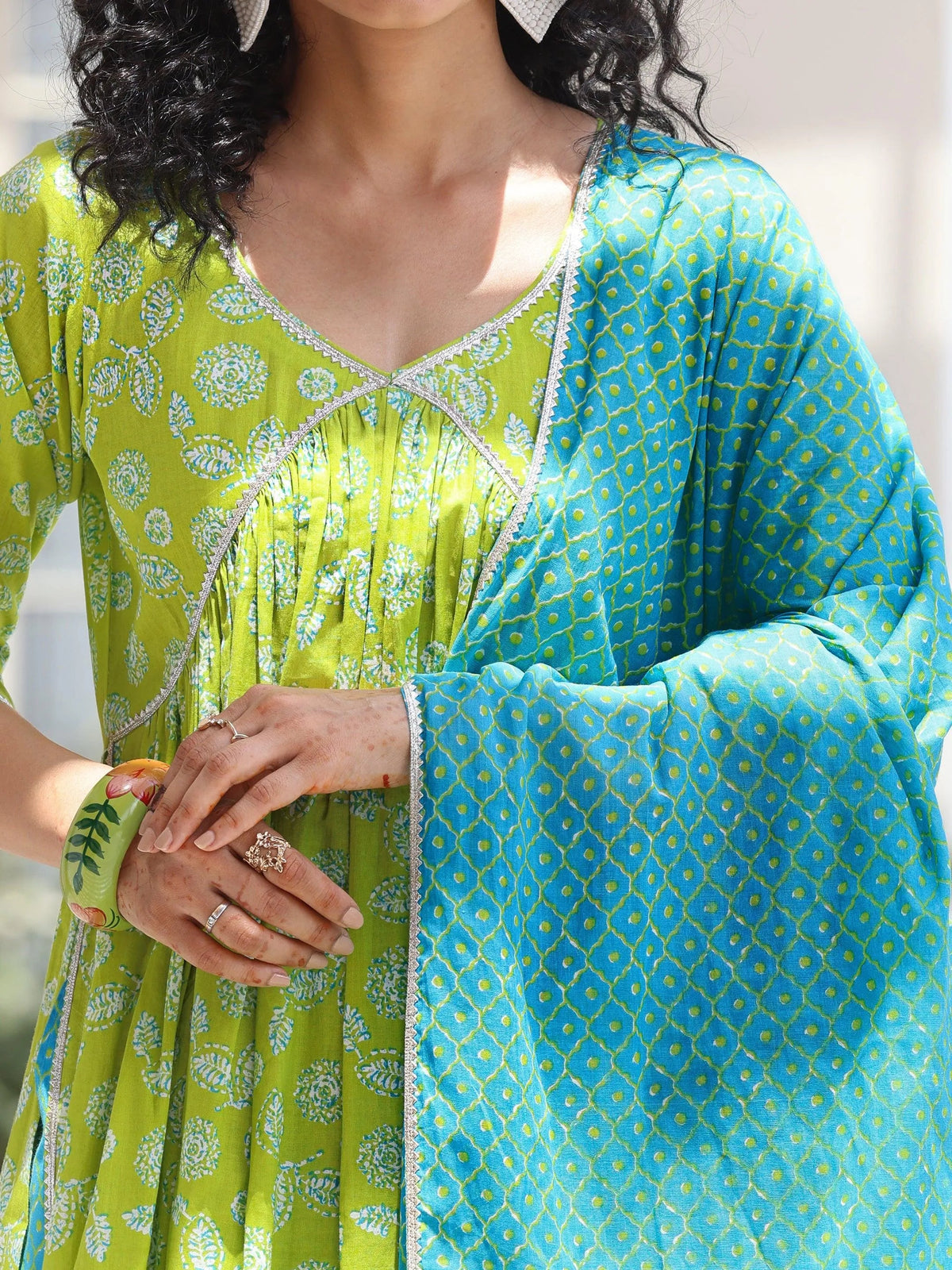 Libas Green Printed Cotton A-Line Kurta With Palazzos & Dupatta