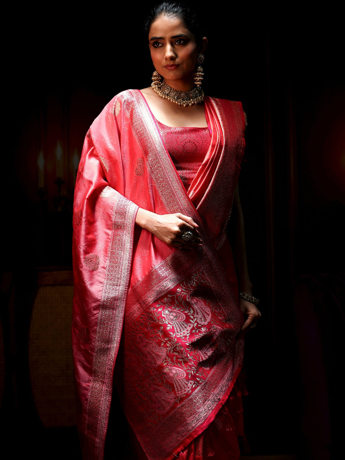 Libas Coral Pink Banarasi Silk Blend Saree