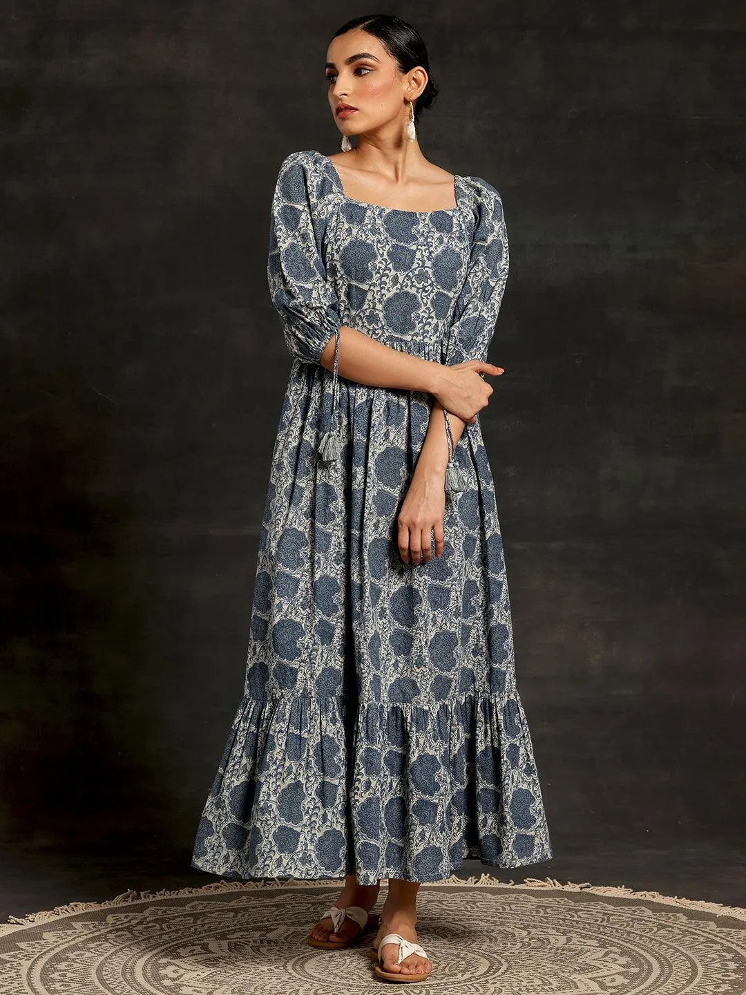 Libas Grey Printed Cotton Fit and Flare Dress