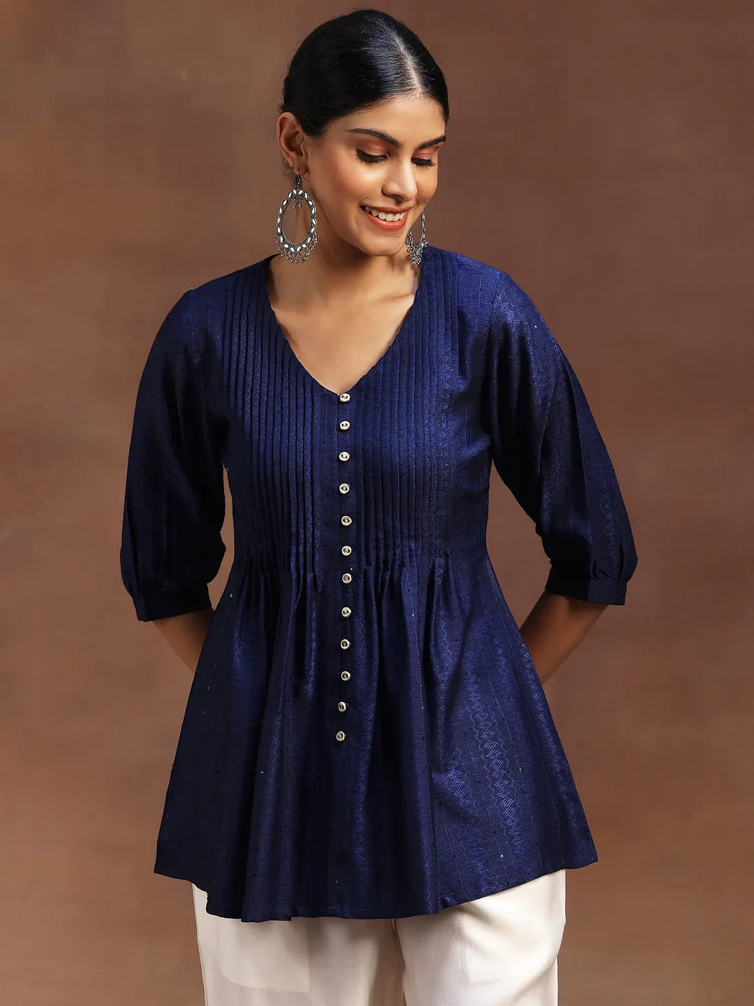 Libas Blue Woven Design Silk Blend A-Line Kurti