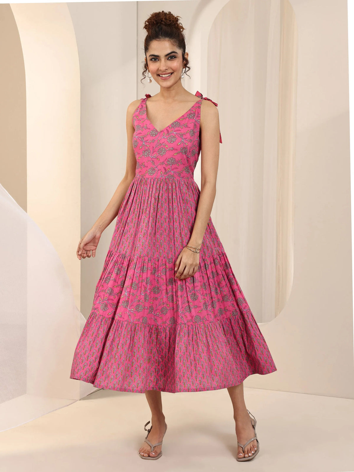 Libas Pink Printed Cotton Fit and Flare Dress