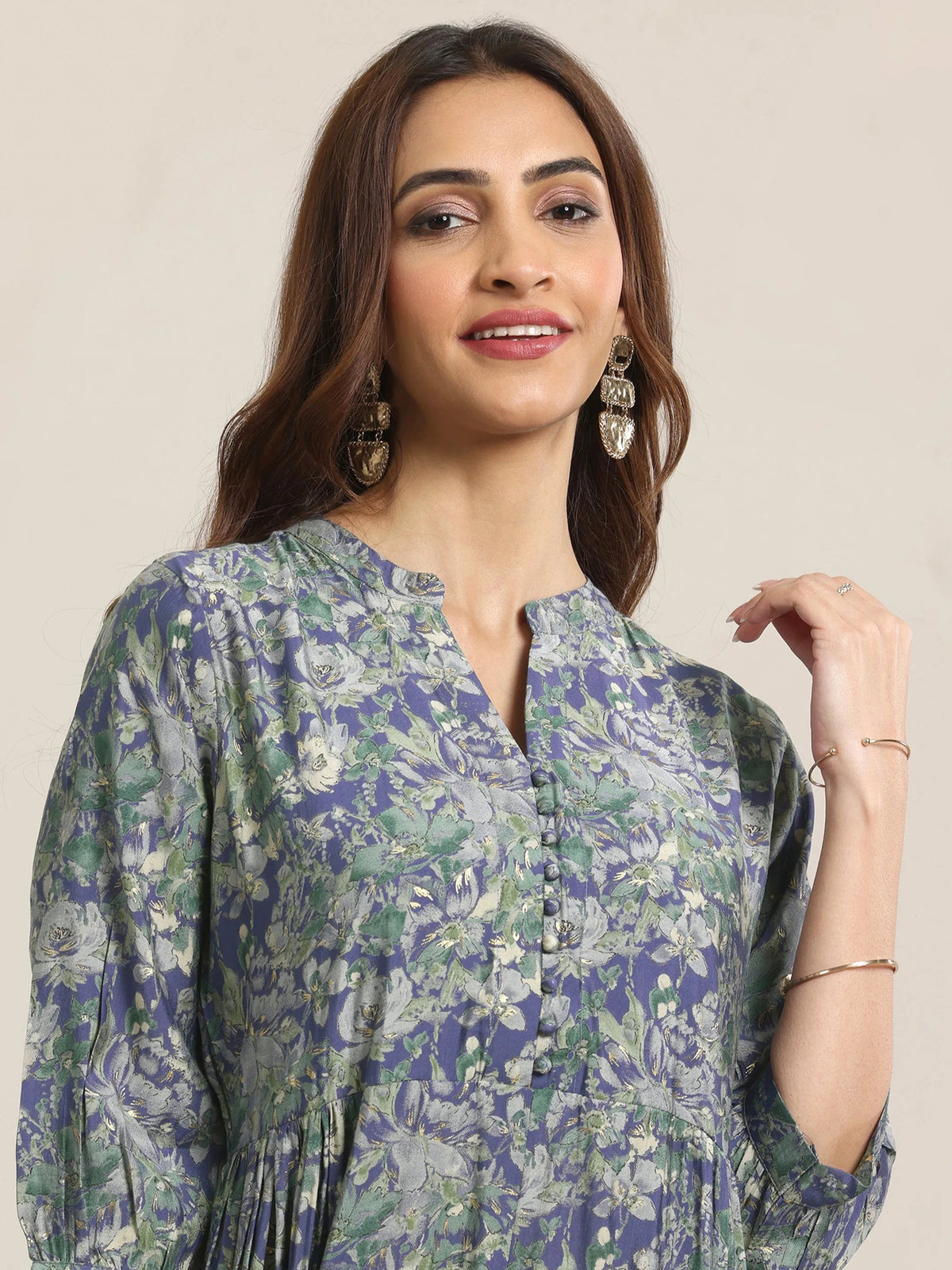 Libas Blue Printed Silk Blend A-Line One Piece Dress