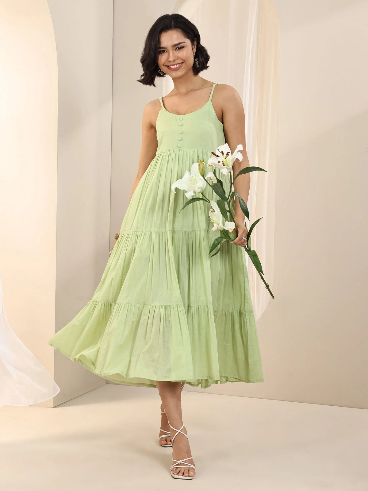 Libas Green Solid Cotton Tiered Fit and Flare One Piece Dress