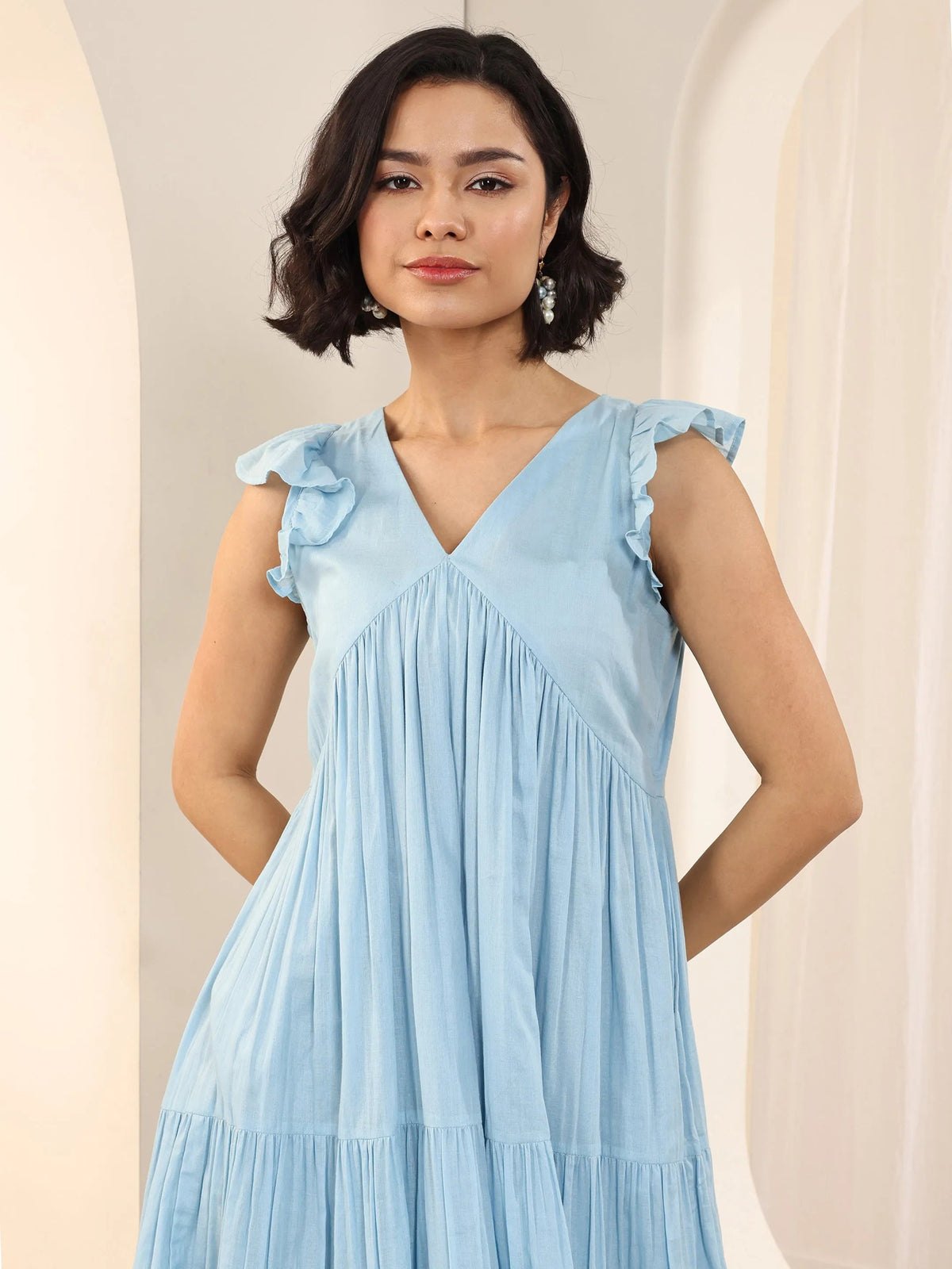Libas Blue Solid Cotton Fit and Flare One Piece Dress