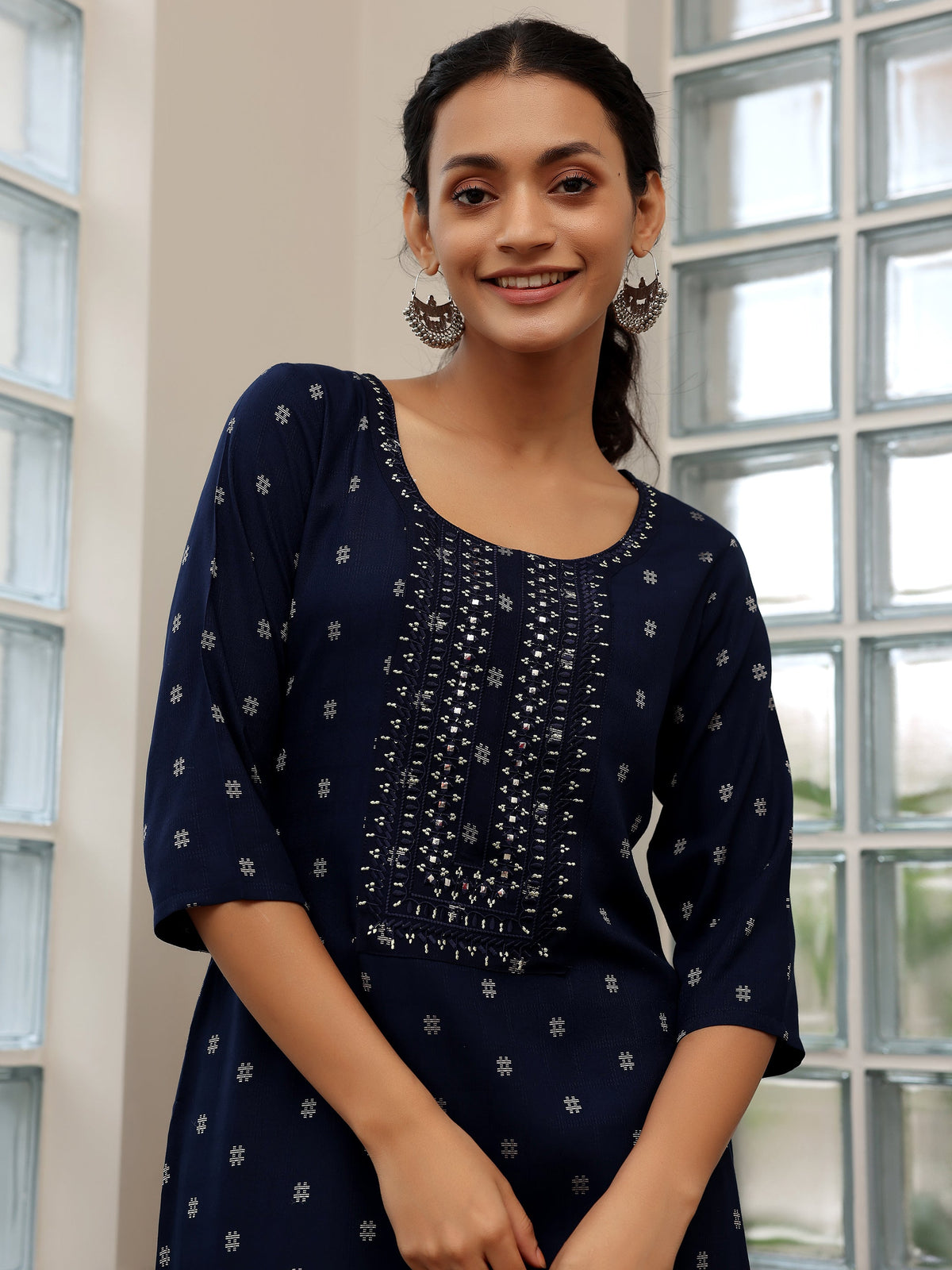 Libas Blue Woven Design Cotton Straight Kurtas