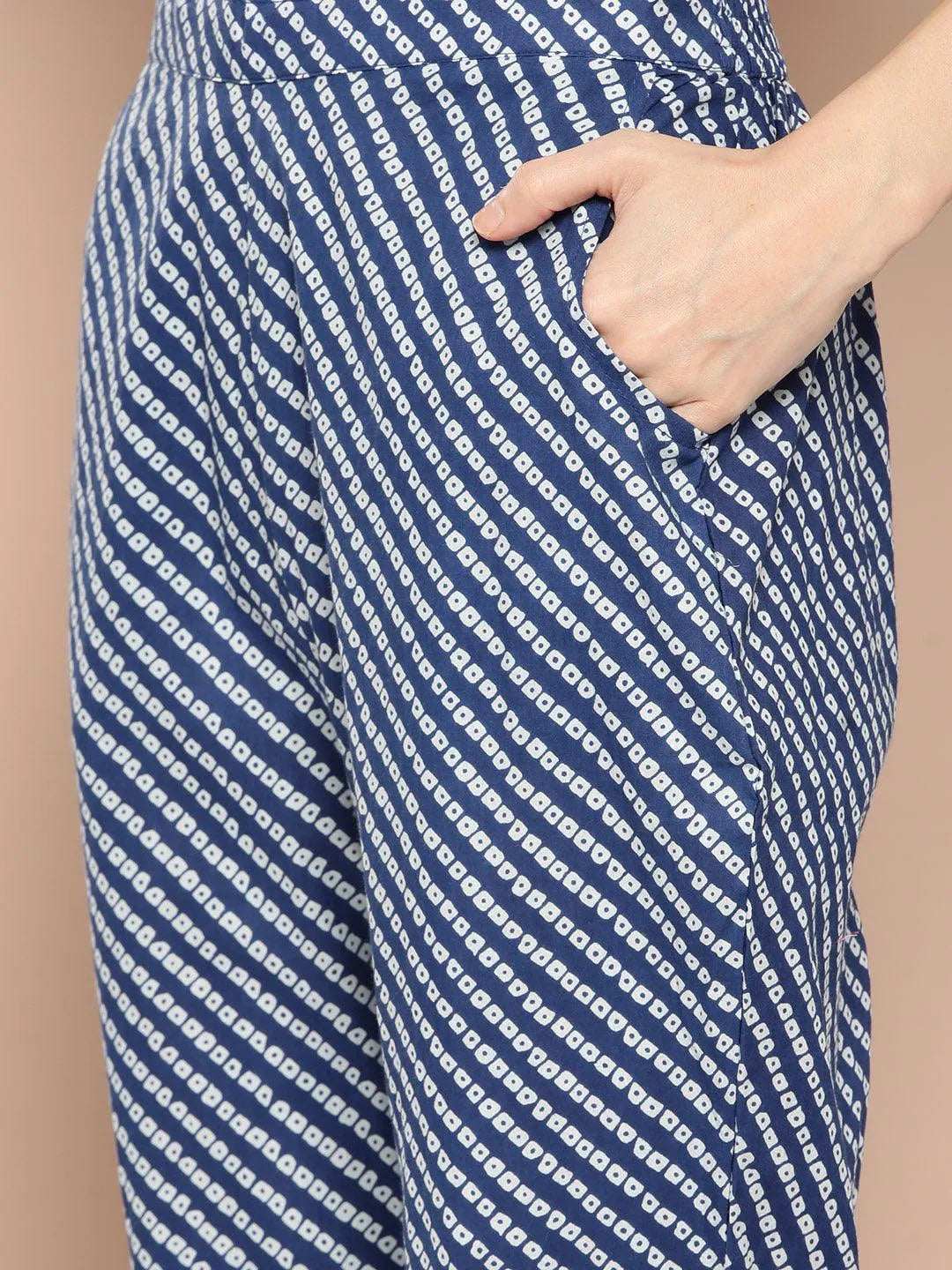 Libas Blue Printed Cotton A-Line Straight Kurta With Trousers & Dupatta
