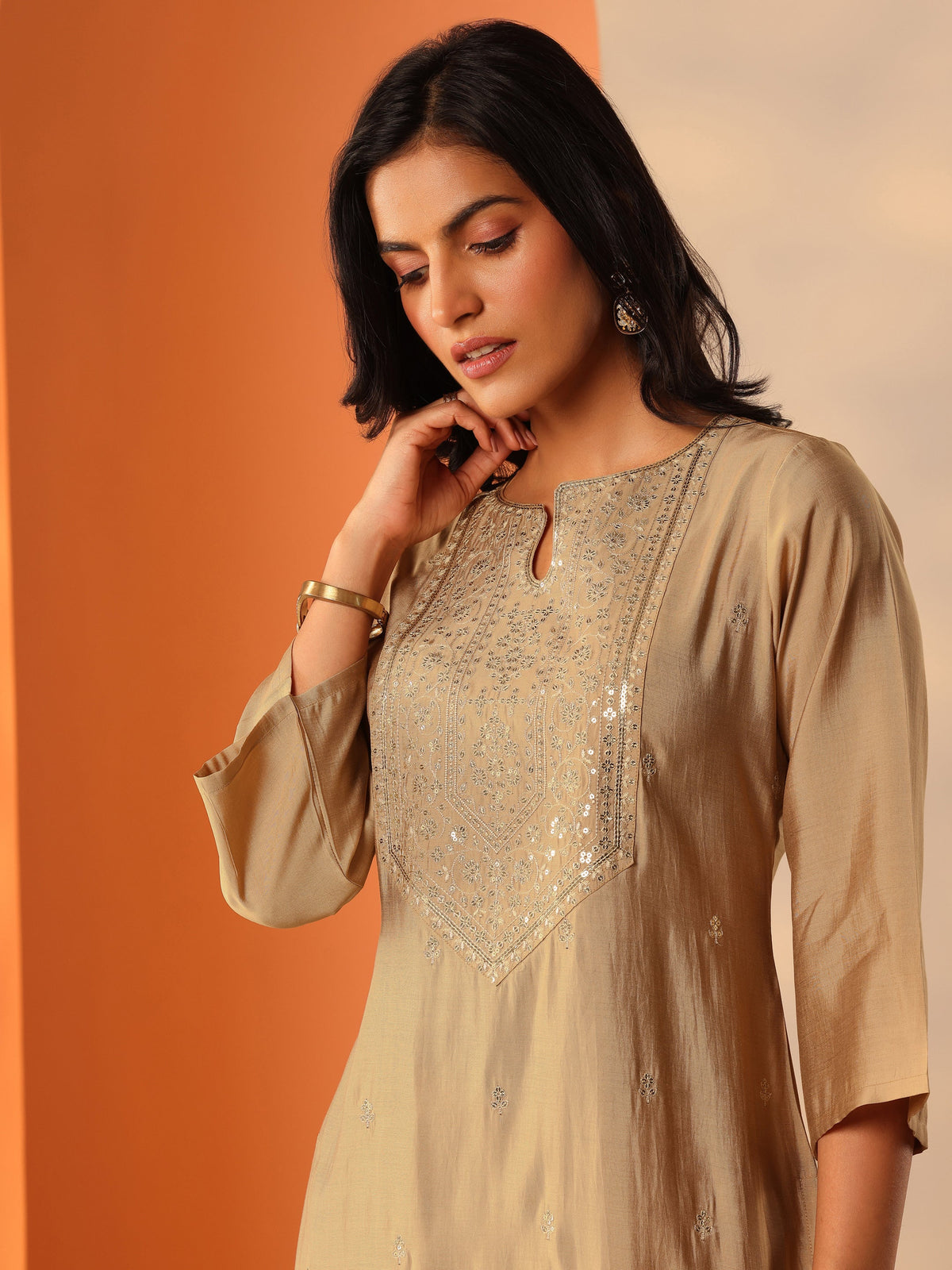 Gerua Beige Yoke Design Silk Blend Straight Kurta Set
