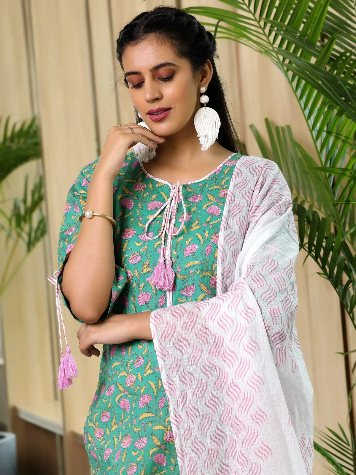 Libas Green Printed Cotton Straight Suit With Dupatta