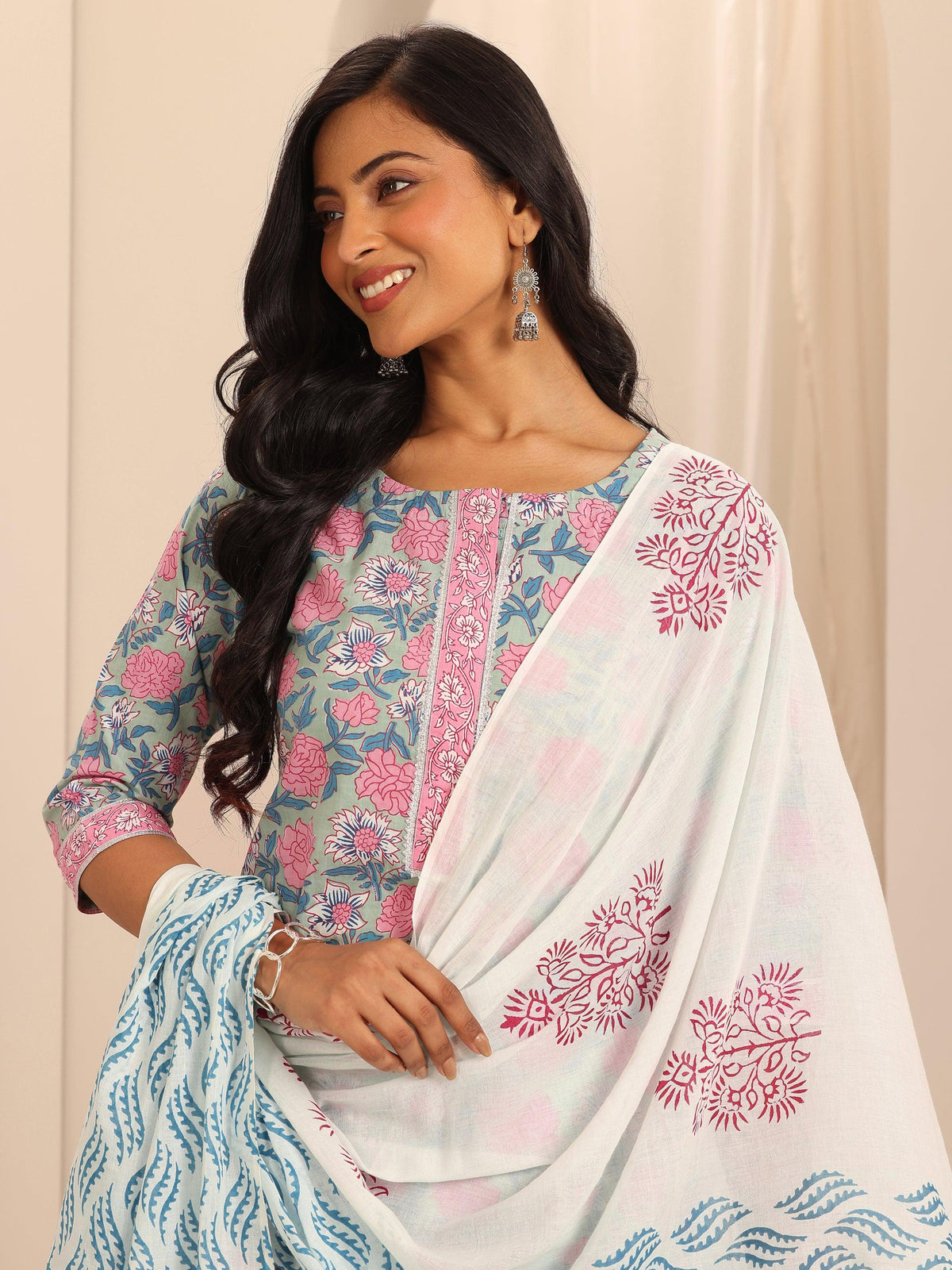 Libas Blue Printed Cotton Straight Suit With Dupatta