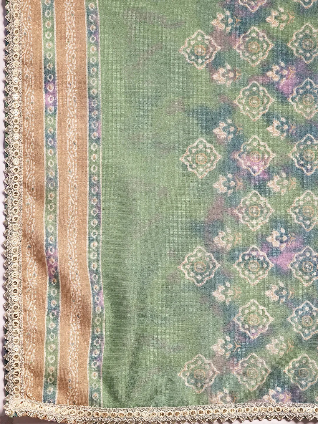 Libas Green Printed Silk Blend A-Line Kurta With Trousers & Dupatta
