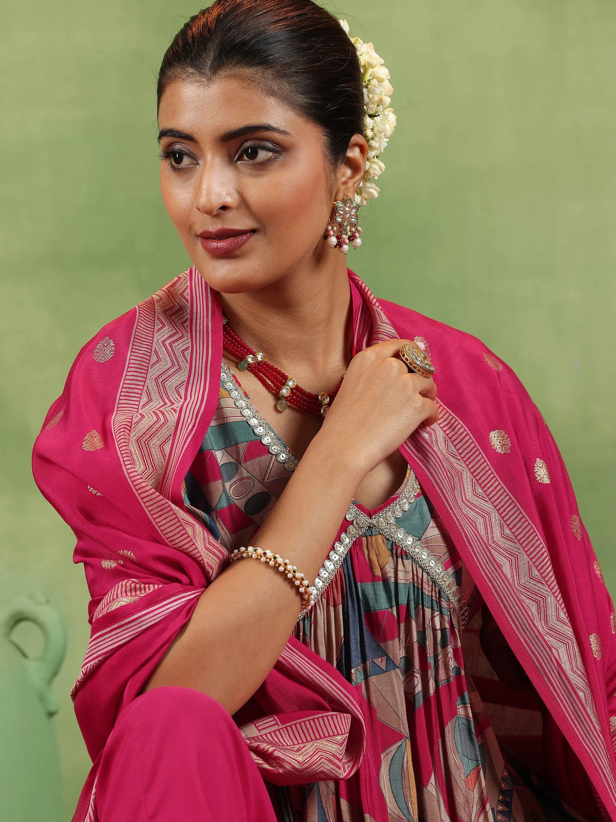 Libas Pink Printed Silk Blend A-Line Kurta With Trousers & Dupatta