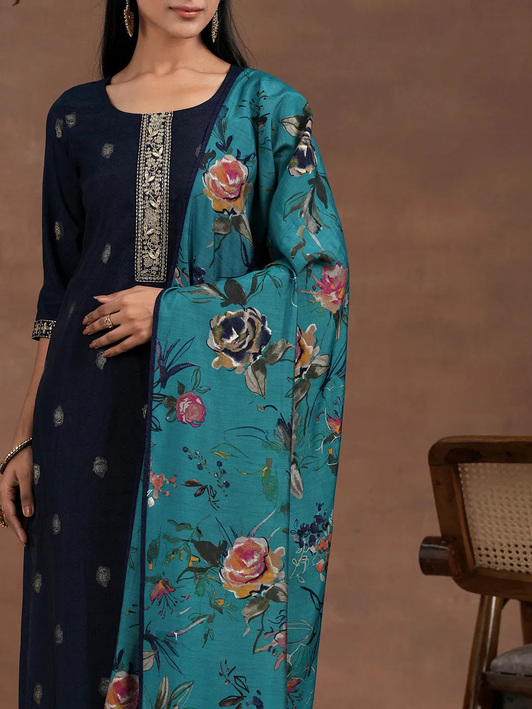 Libas Blue Printed Silk Blend Straight Suit With Dupatta