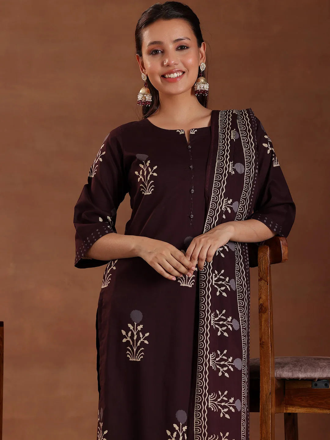Libas Brown Printed Cotton Straight Suit With Dupatta
