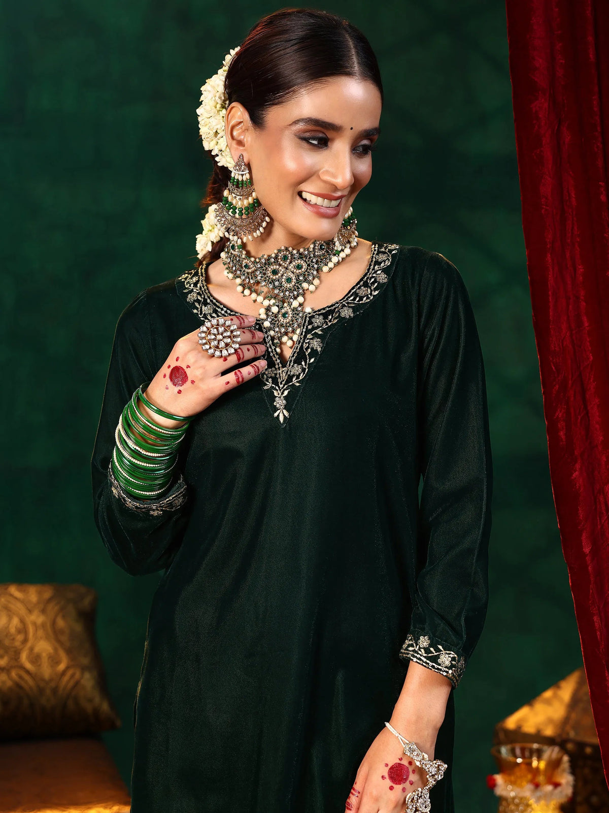 Libas Green Yoke Design Velvet Straight Suit With Dupatta