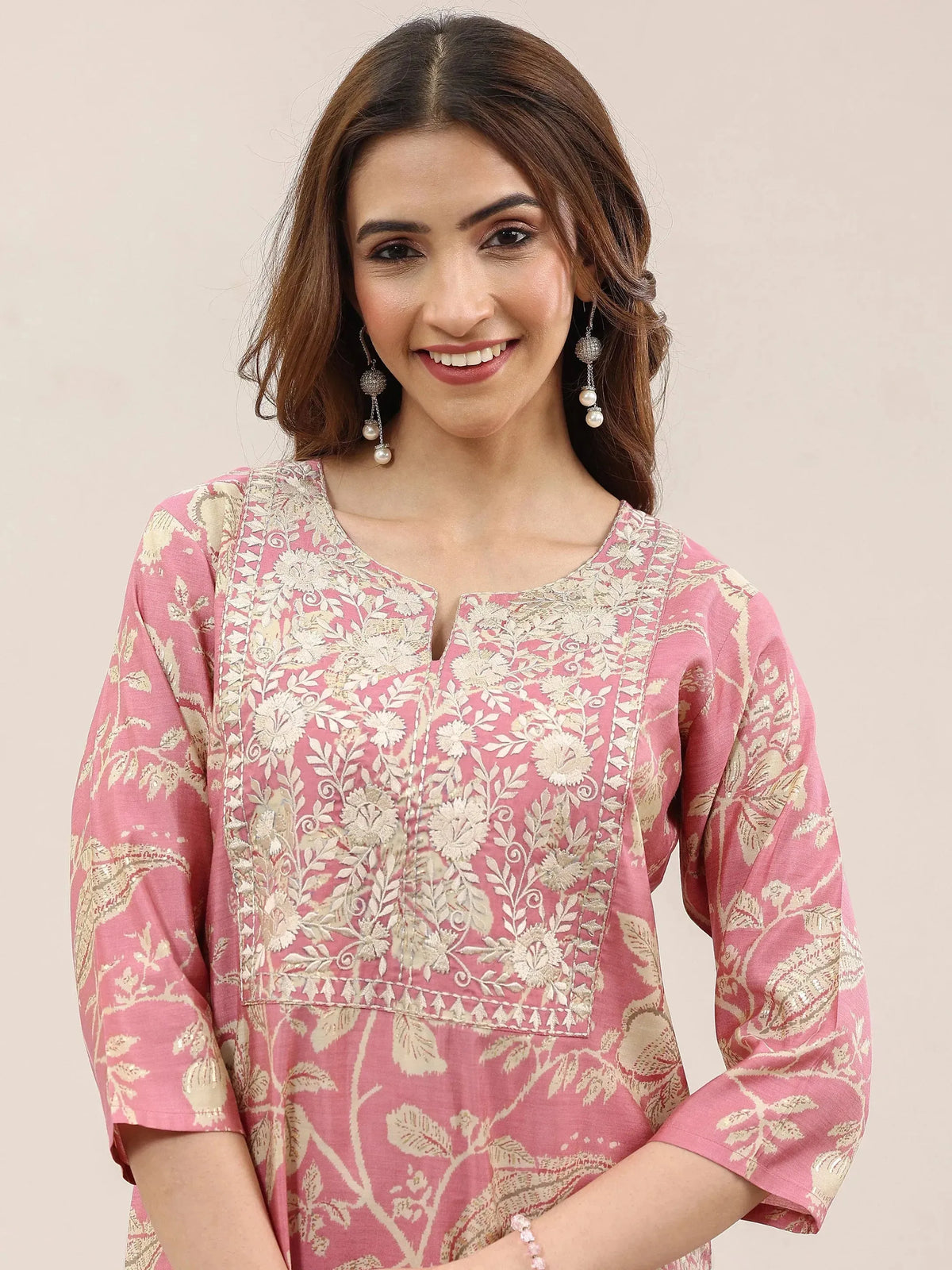 Libas Pink Printed Silk Blend Straight Suit With Dupatta