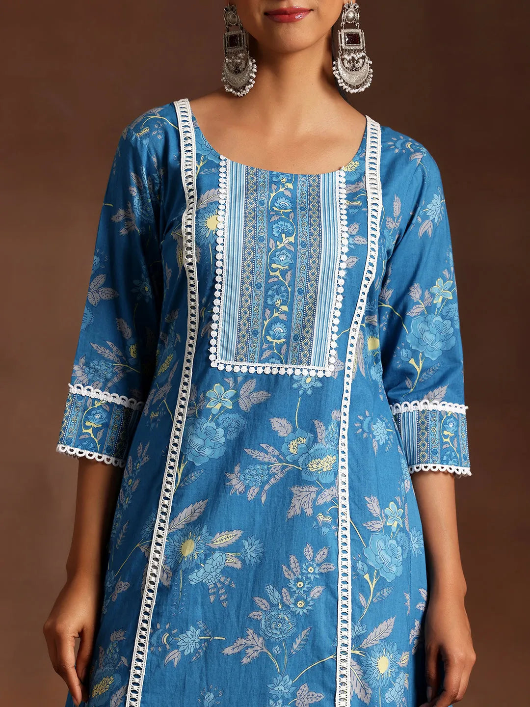 Libas Blue Printed Cotton A-Line Kurta With Palazzos