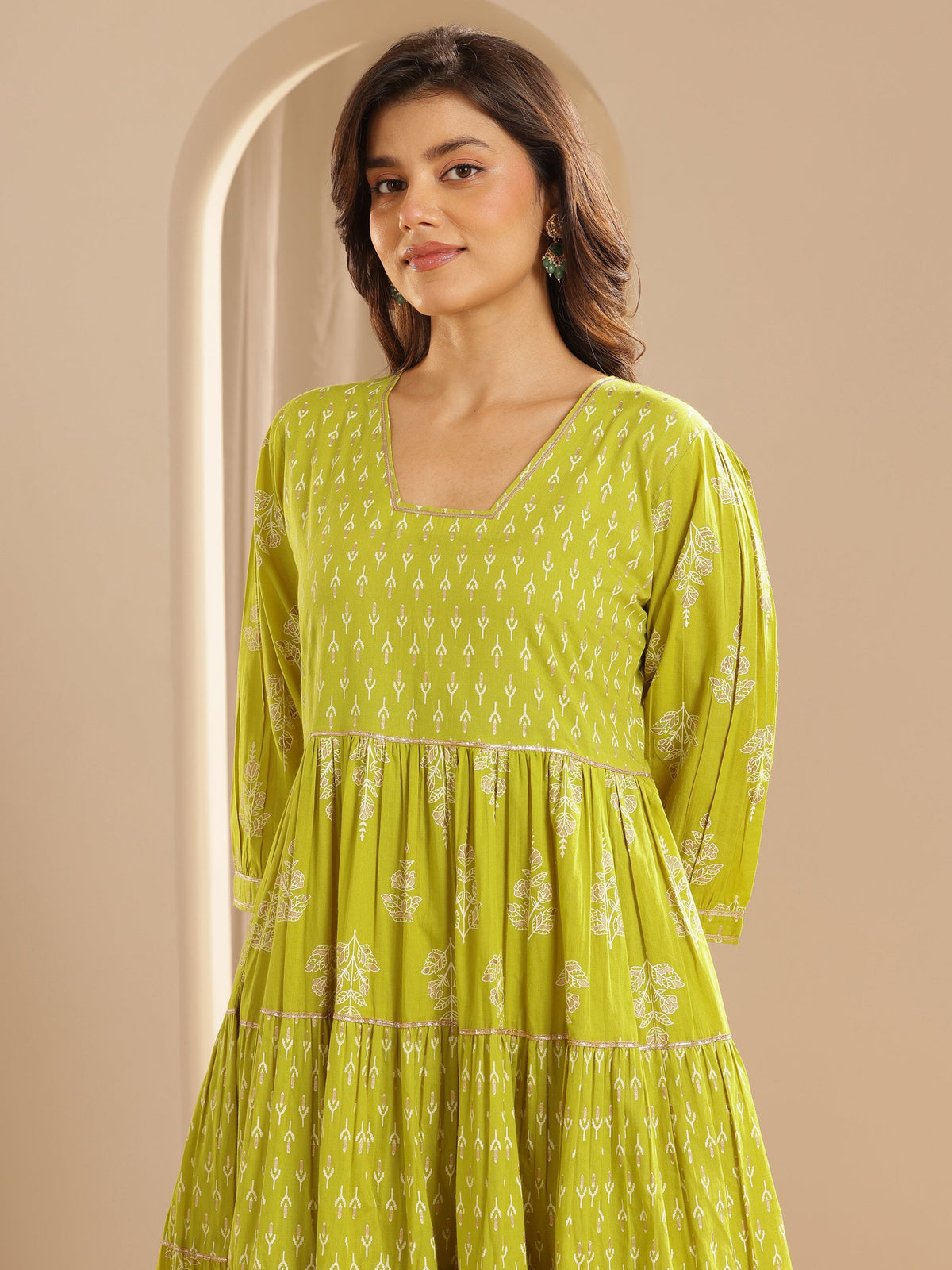 Libas Green Printed Cotton Anarkali Suit Set With Dupatta