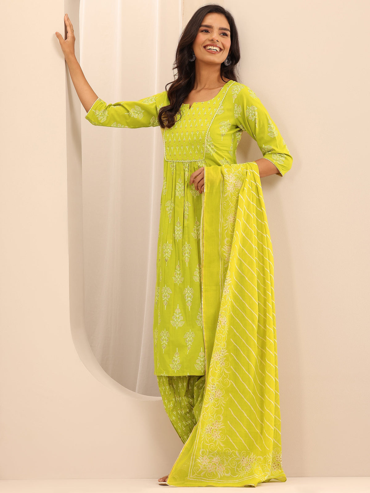 Libas Green Printed Cotton Straight Suit Set With Dupatta