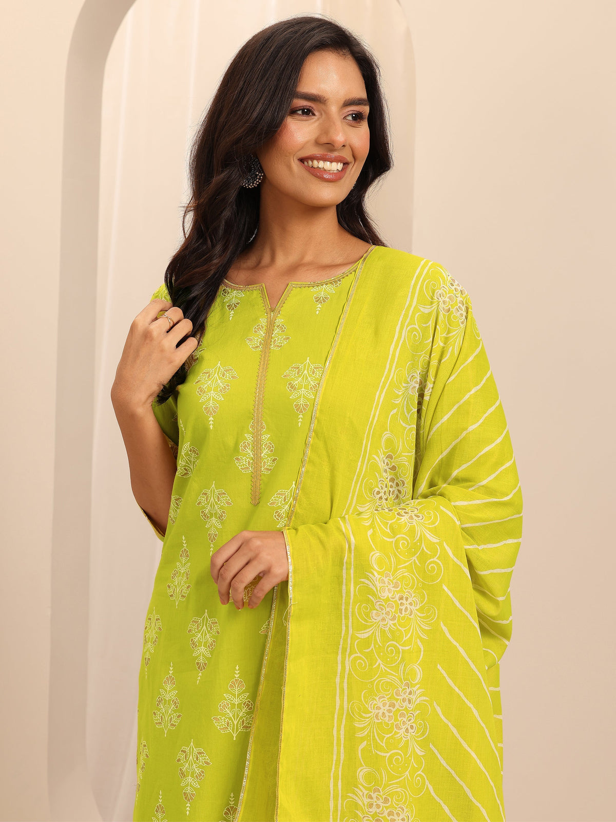 Libas Green Printed Cotton Straight Suit Set With Dupatta