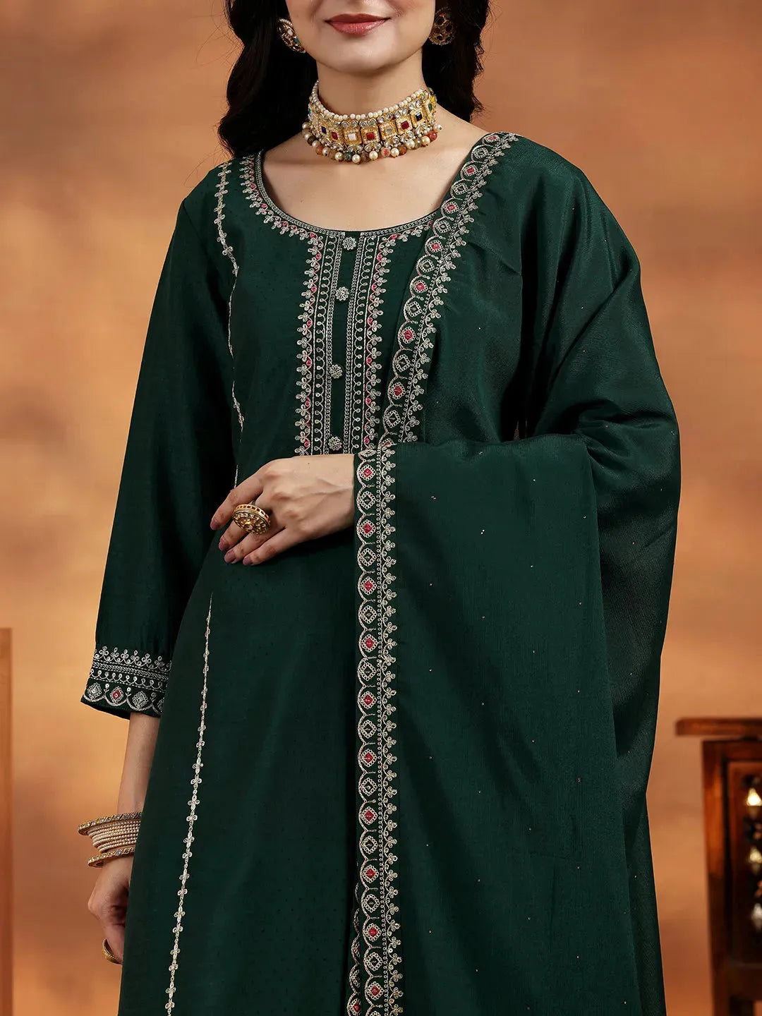 Libas Green Embroidered Silk Blend Straight Suit With Dupatta