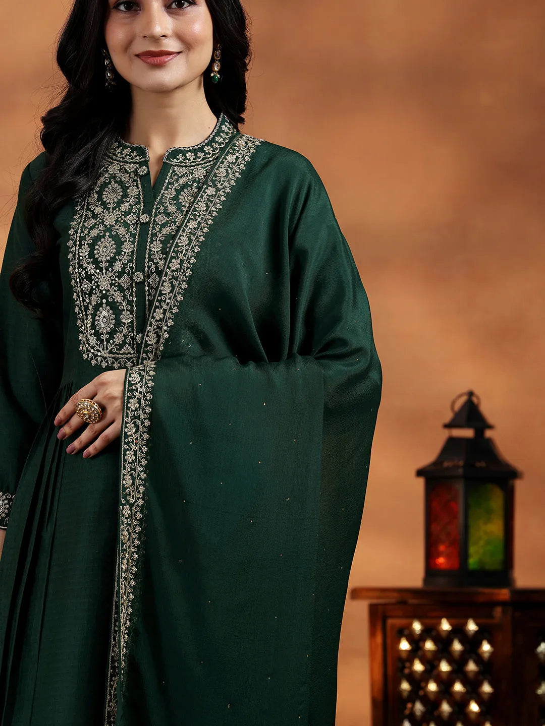 Libas Green Yoke Design Silk Blend A-Line Kurta With Palazzos & Dupatta