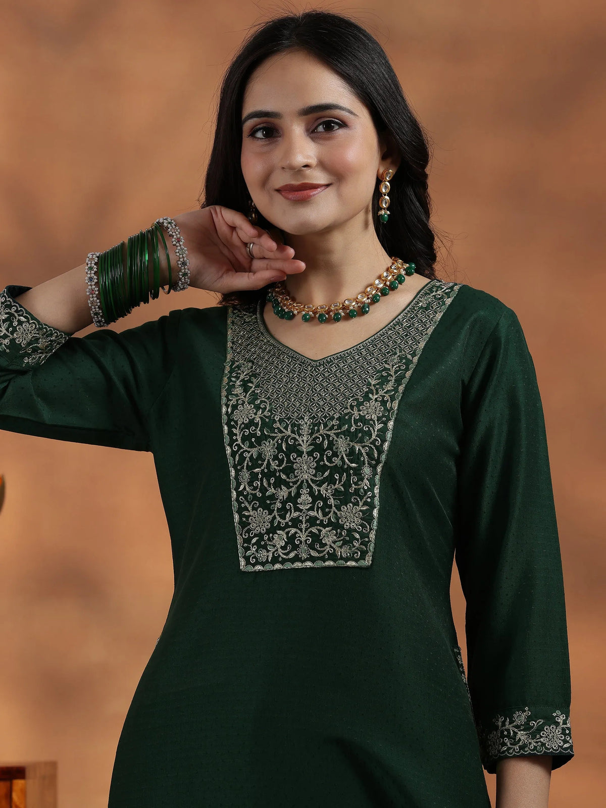 Libas Green Yoke Design Silk Blend Straight Suit With Dupatta