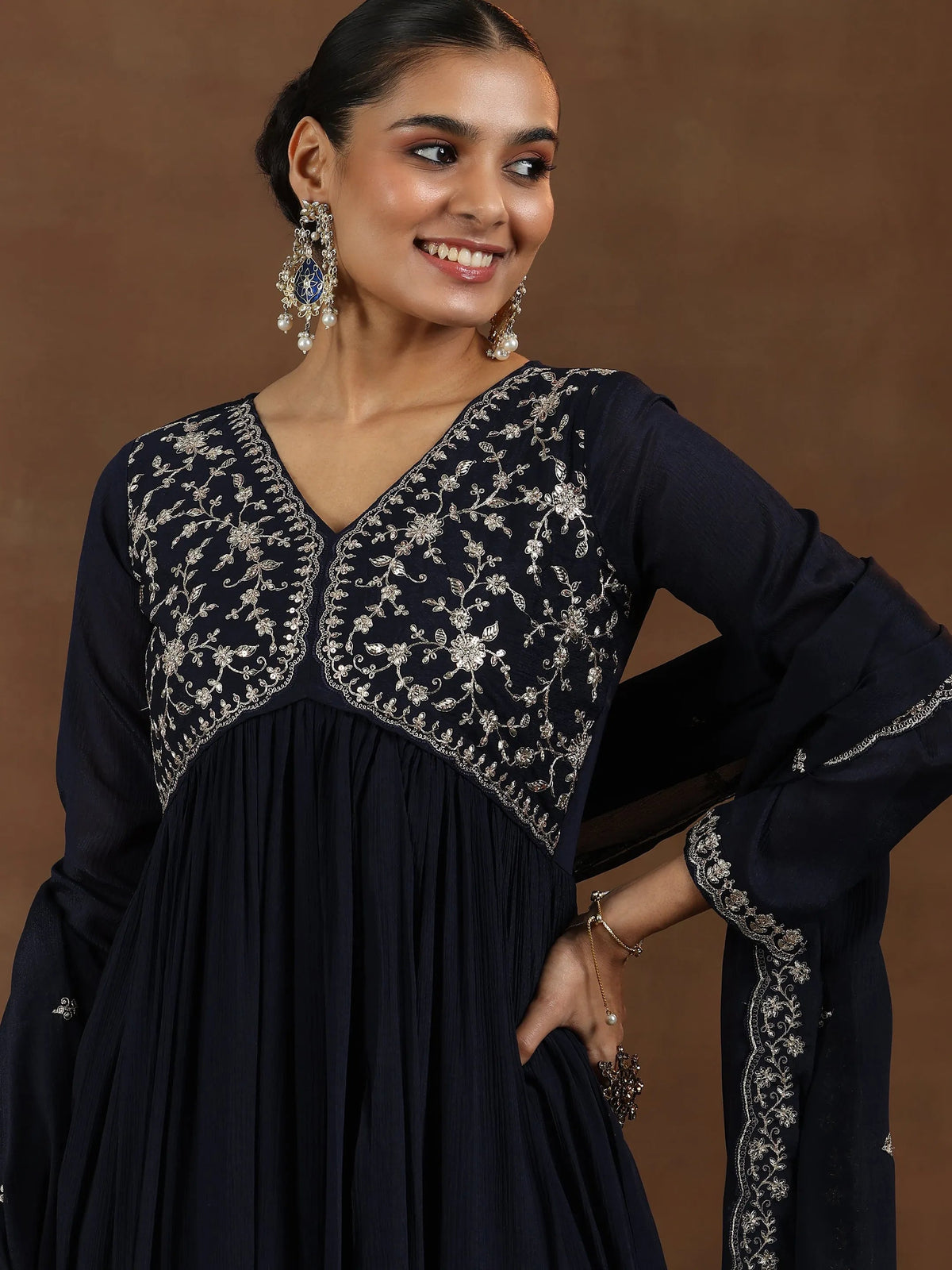 Libas Blue Yoke Design Silk Blend A-Line Kurta With Trousers & Dupatta