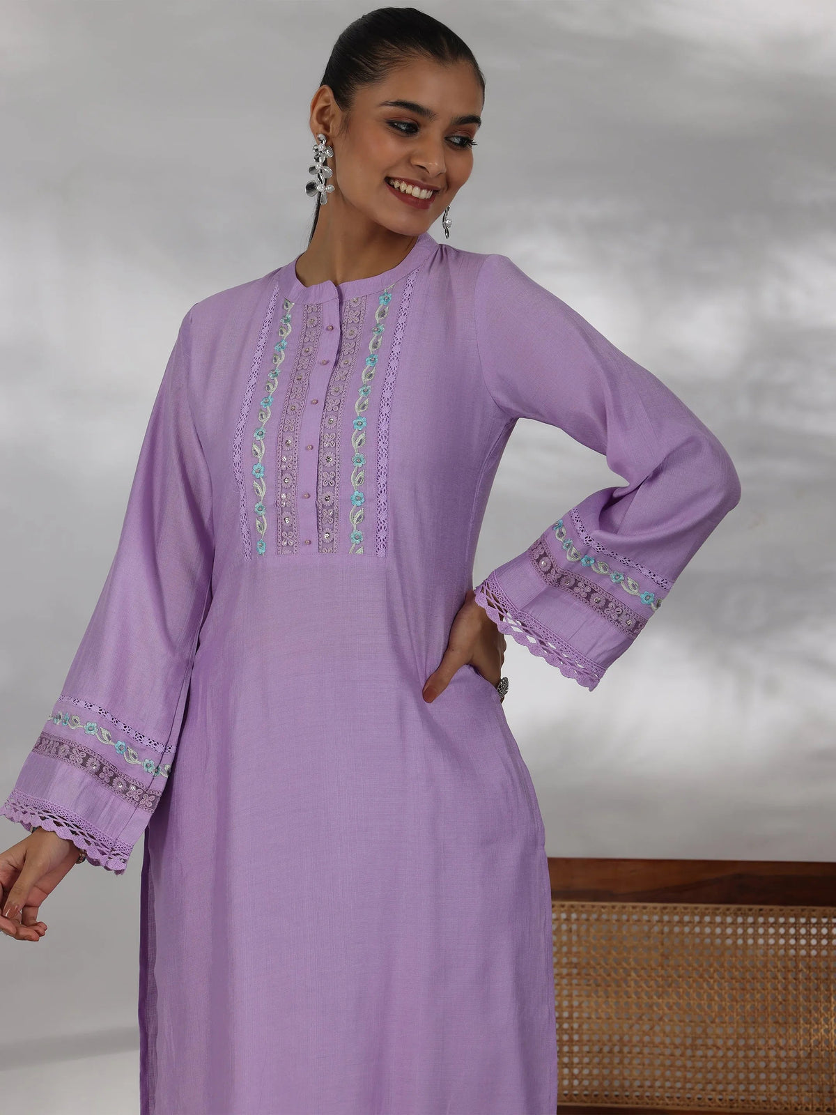 Libas Lavender Yoke Design Silk Blend Straight Suit With Dupatta