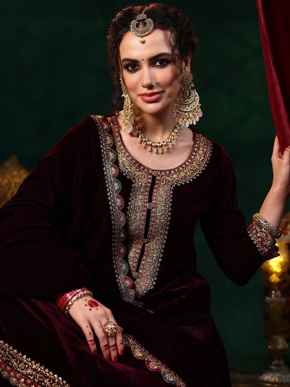 Libas Burgundy Embroidered Velvet Straight Suit With Dupatta