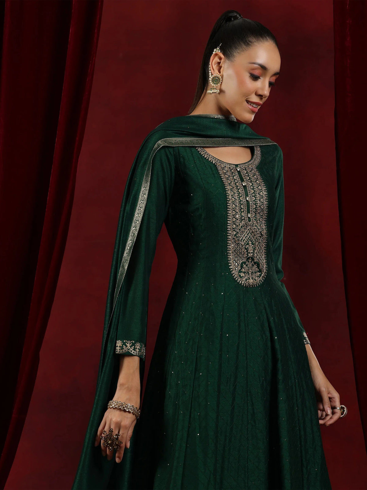 Libas Green Embroidered Silk Blend A-Line Kurta With Trousers & Dupatta