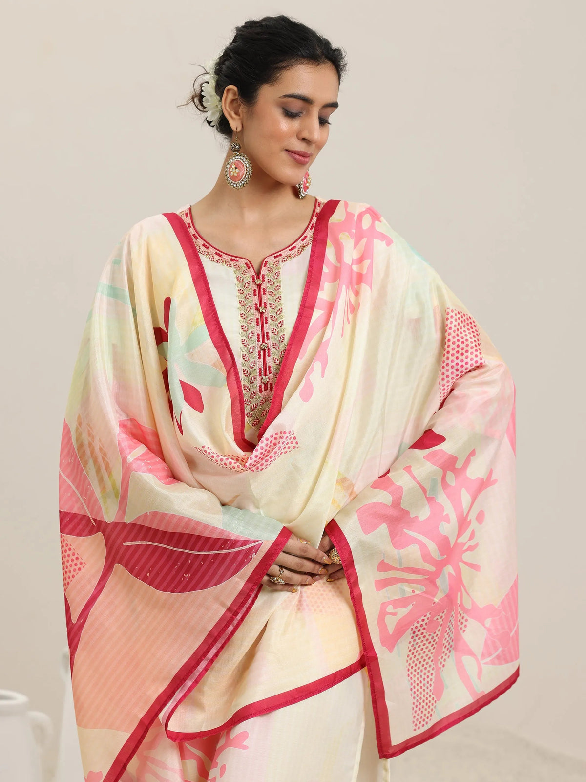 Libas Cream Printed Cotton Blend Straight Suit With Dupatta