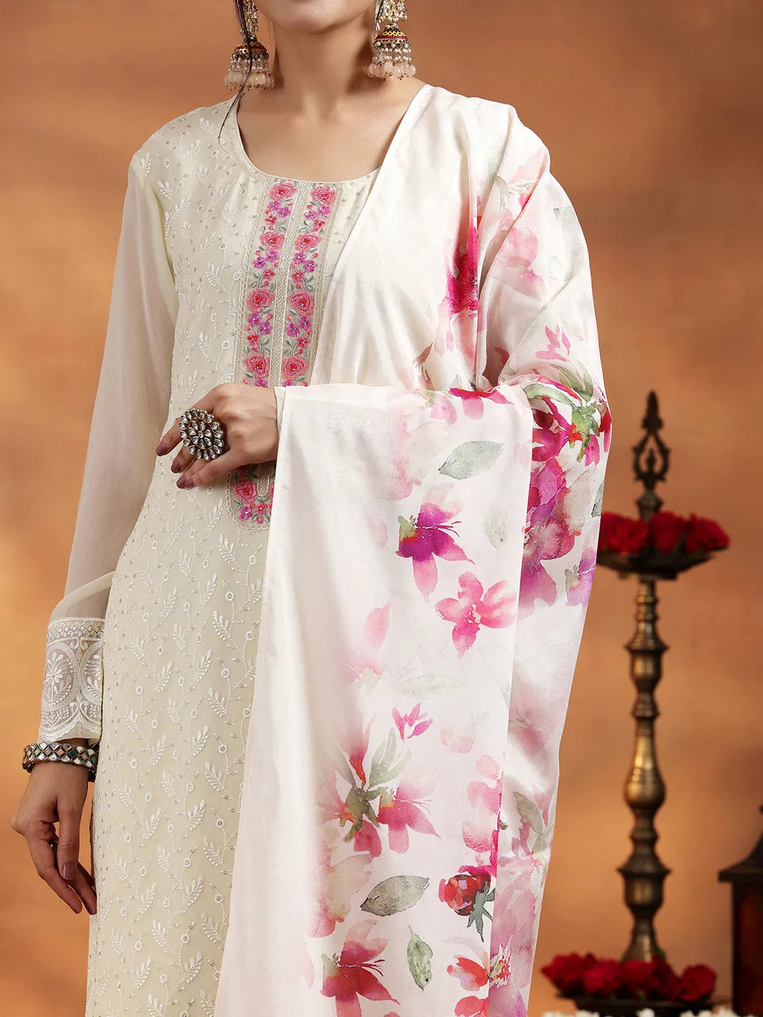 Libas Cream Embroidered Georgette Straight Suit With Dupatta
