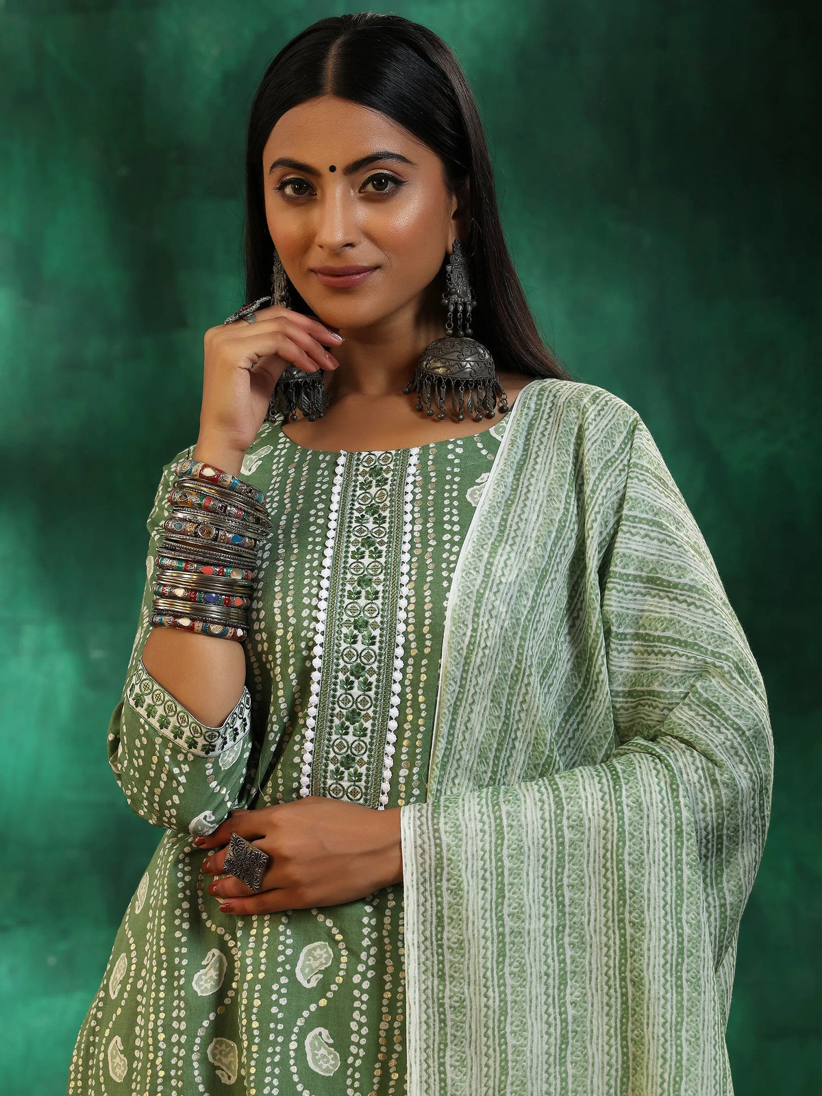 Libas Green Printed Cotton Straight Suit With Dupatta