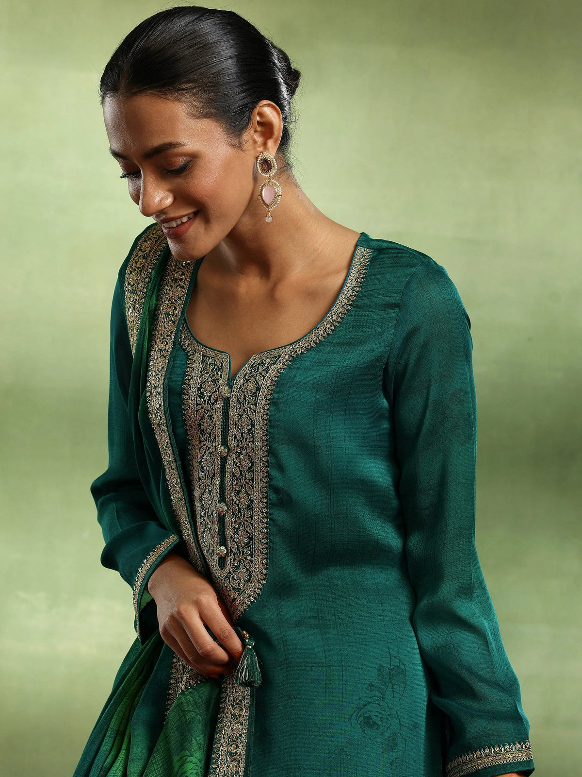 Libas Green Yoke Design Silk Blend Straight Suit With Dupatta