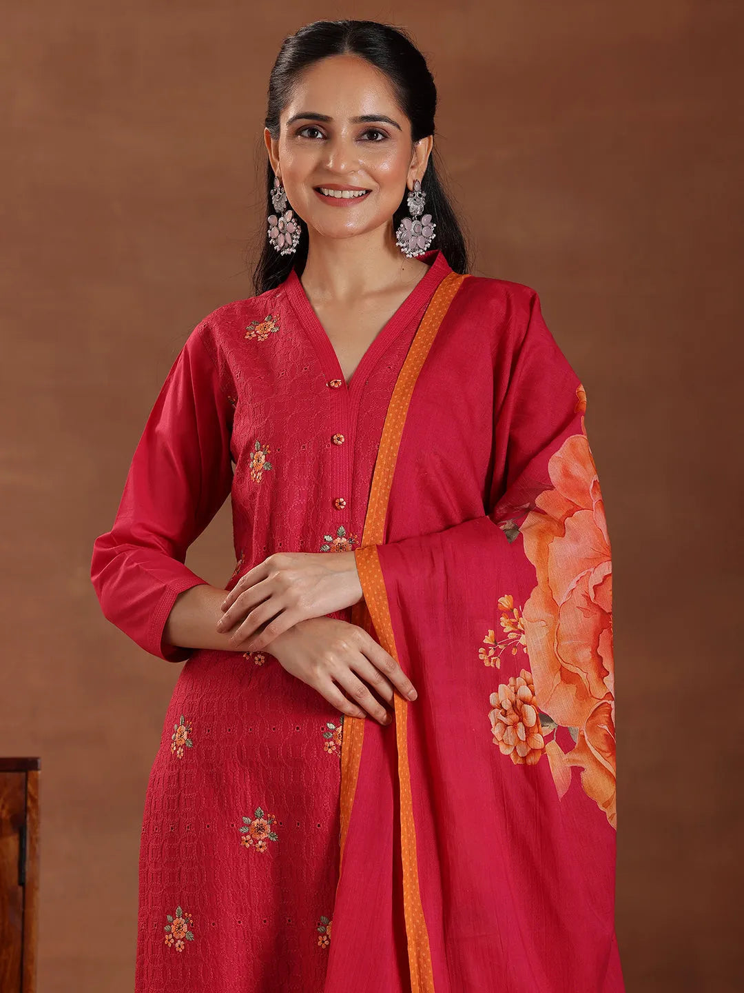 Libas Pink Embroidered Cotton Straight Suit With Dupatta