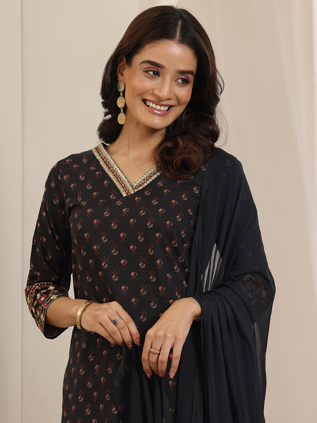 Libas Black Printed Cotton Straight Suit Set With Dupatta