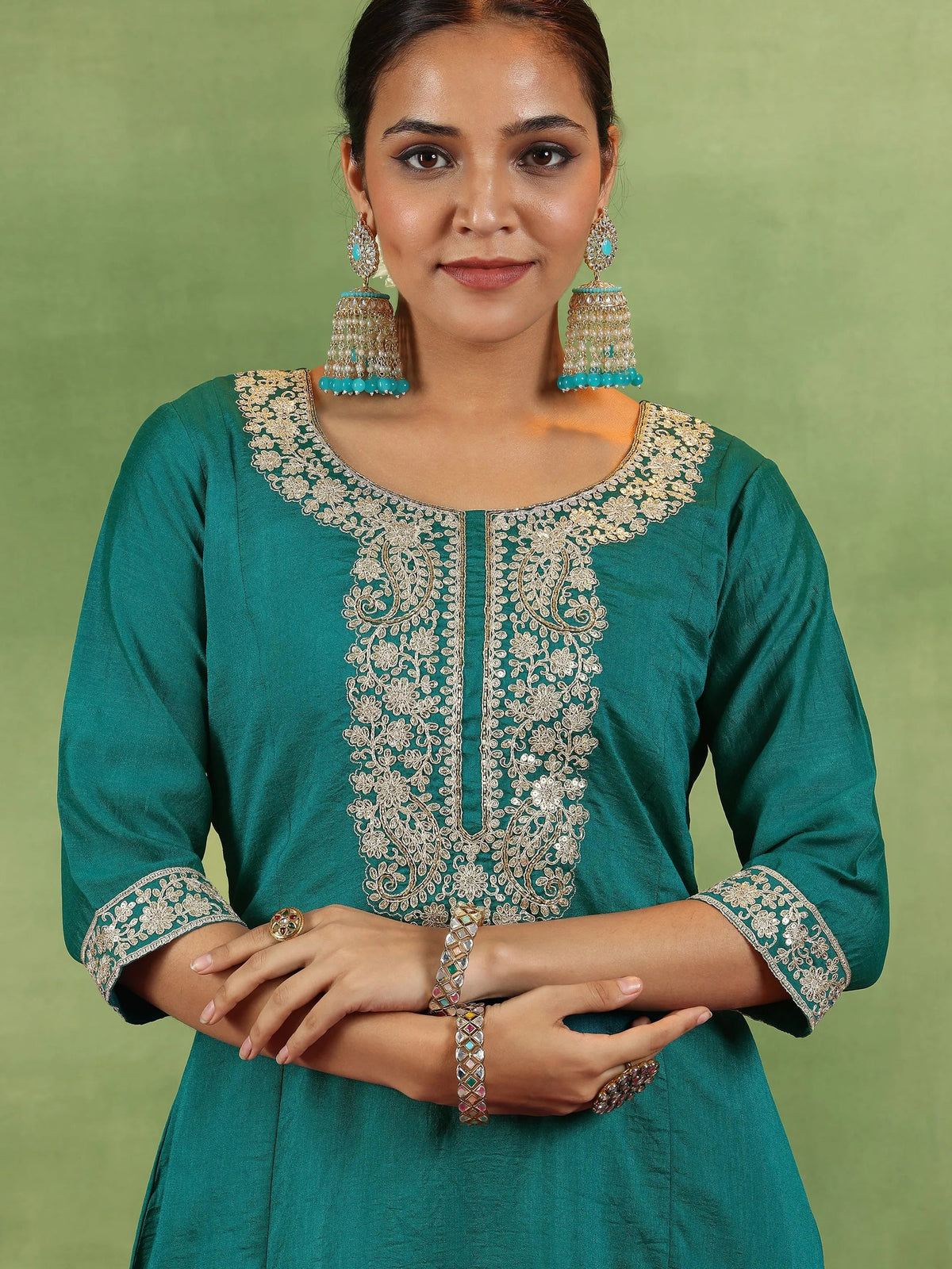 Libas Green Yoke Design Silk Blend Anarkali Suit With Dupatta