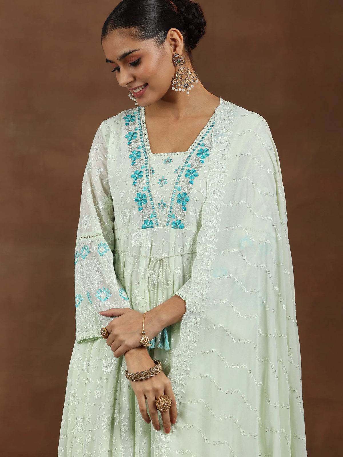 Libas Green Embroidered Georgette Anarkali Suit With Dupatta