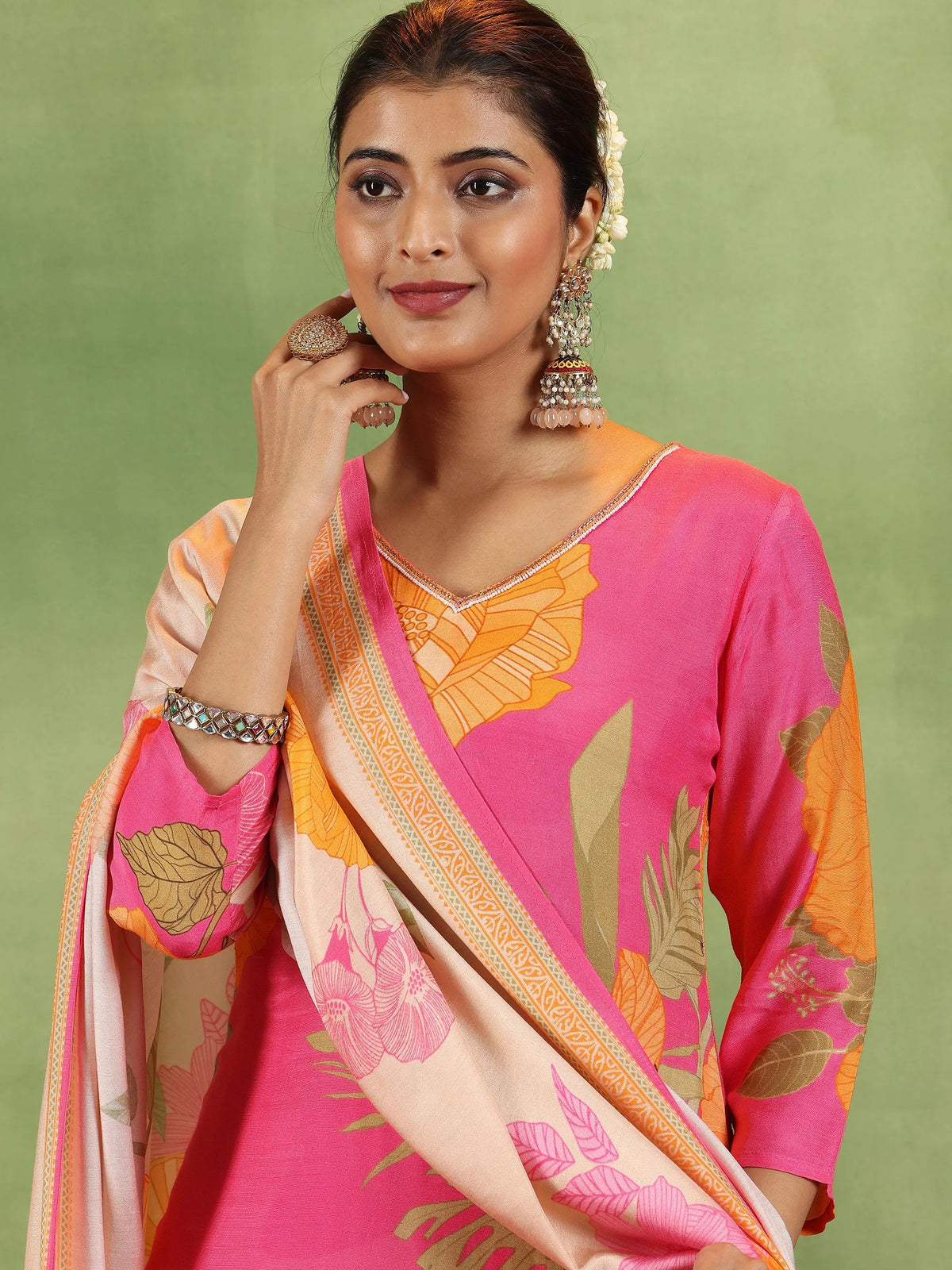 Libas Pink Printed Silk Blend Straight Suit With Dupatta