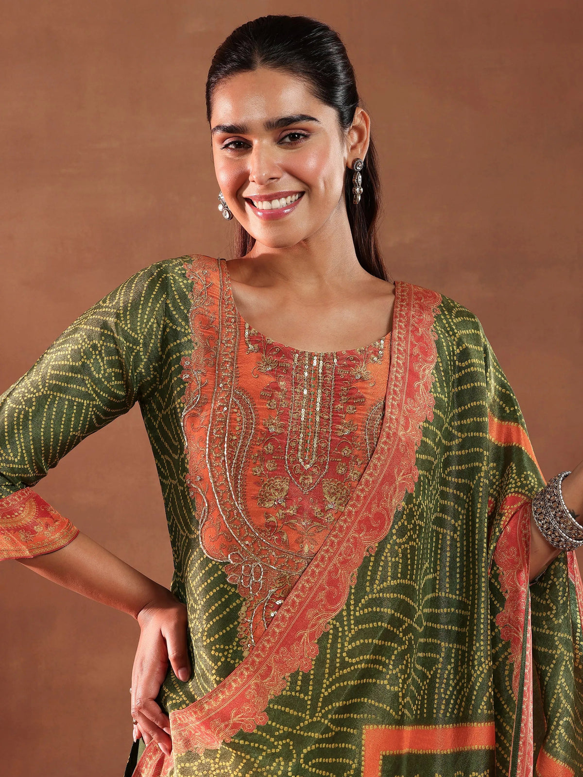 Libas Green Printed Silk Blend Straight Suit With Dupatta