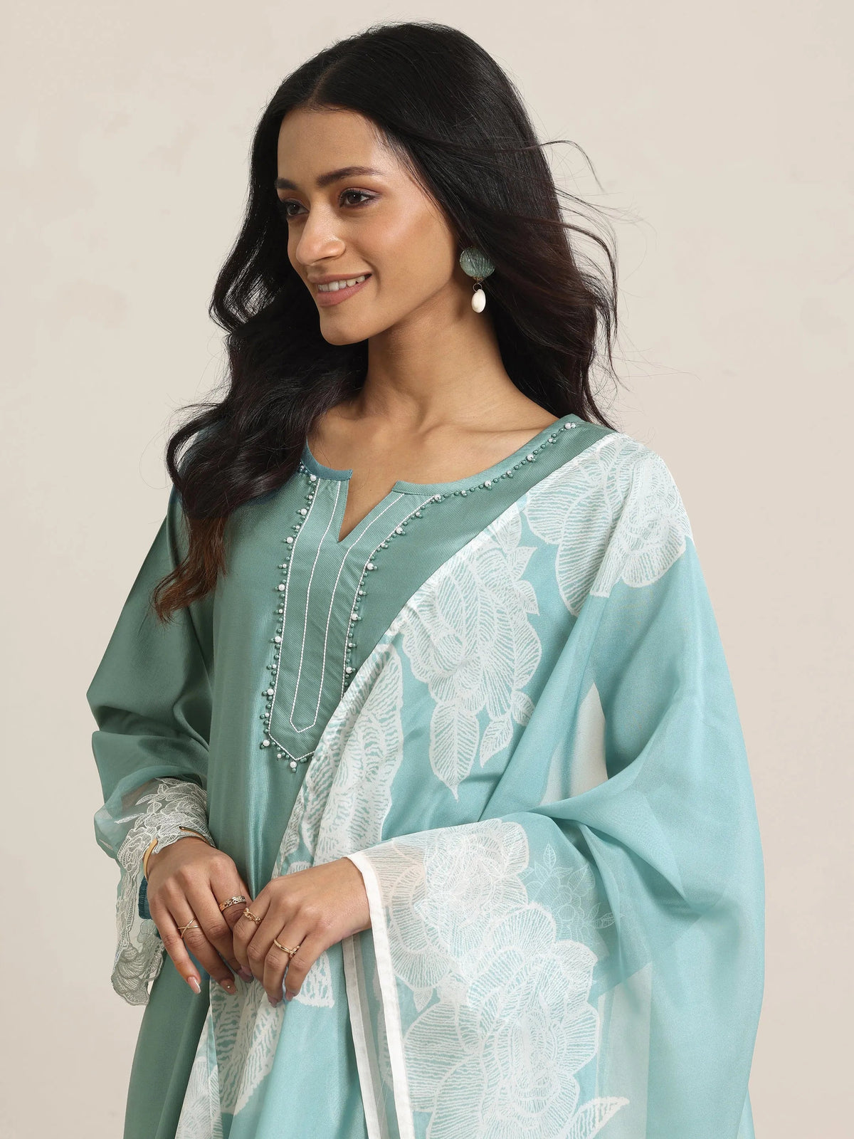 Libas Green Yoke Design Silk Blend Straight Suit Set With Dupatta