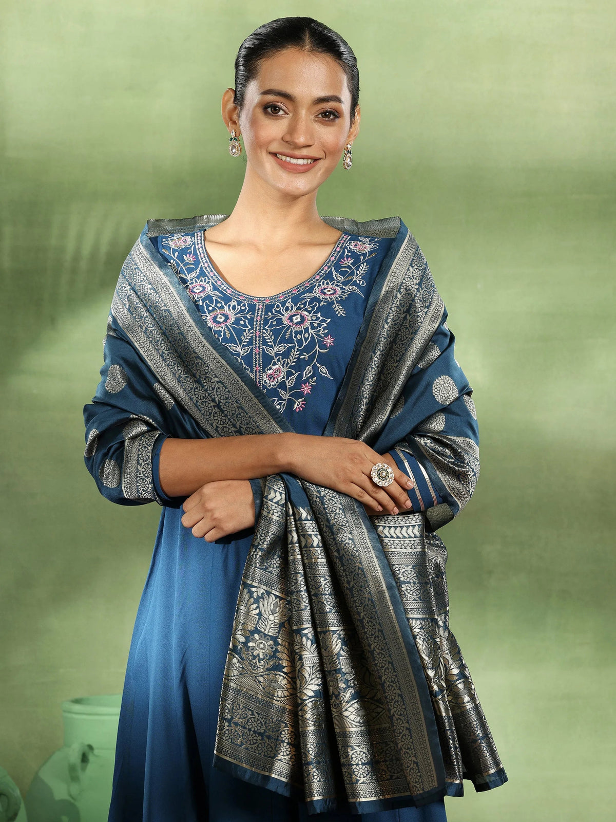 Libas Blue Yoke Design Rayon Anarkali Suit With Dupatta