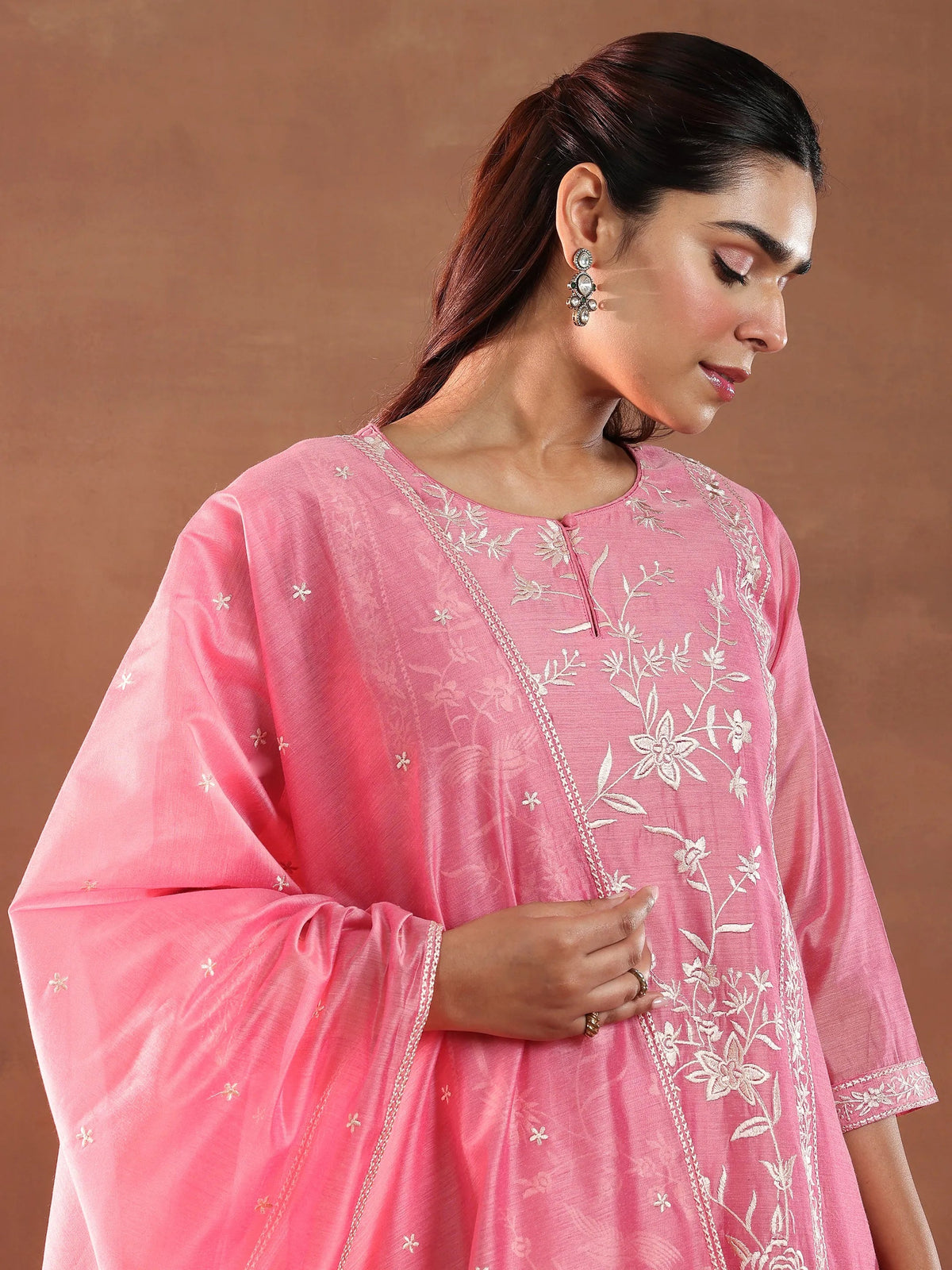 Libas Coral Embroidered Chanderi Silk Straight Suit With Dupatta