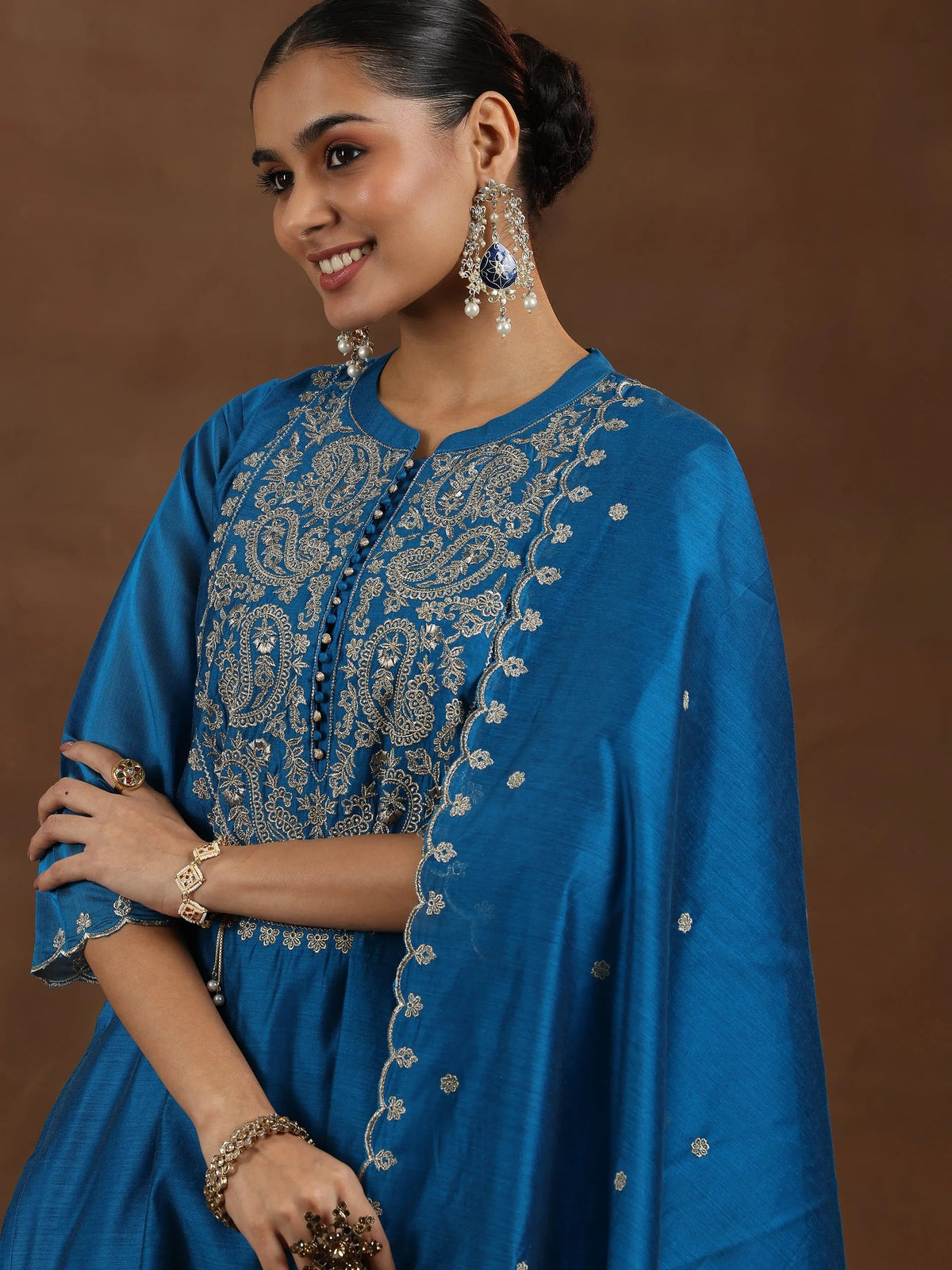 Libas Blue Yoke Design Chanderi Silk Straight Suit With Dupatta