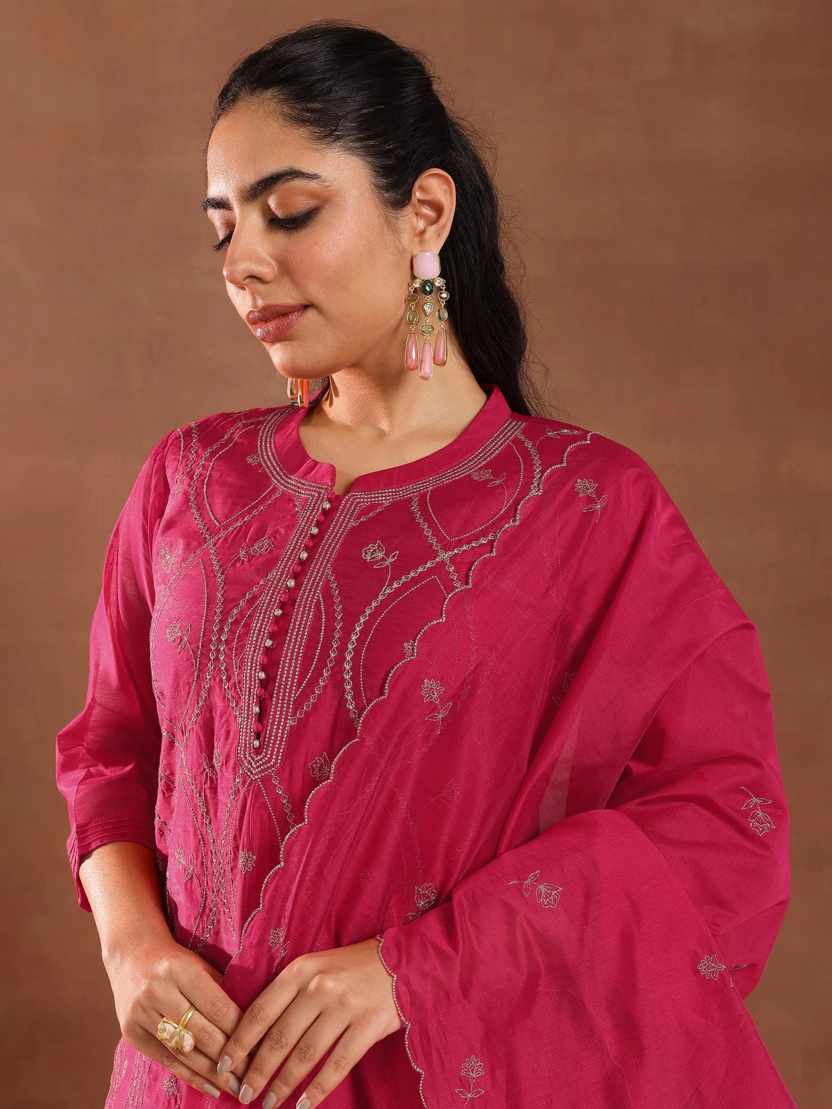 Libas Pink Embroidered Chanderi Silk Straight Suit With Dupatta