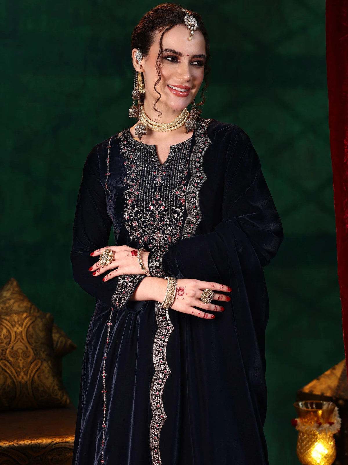 Libas Blue Embroidered Velvet Straight Suit With Dupatta