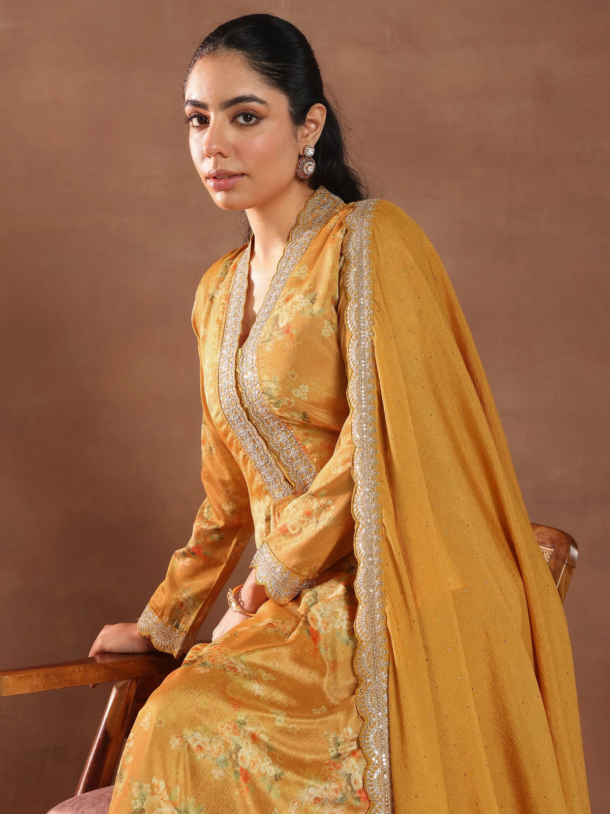 Libas Mustard Printed Silk Blend Straight Suit With Dupatta