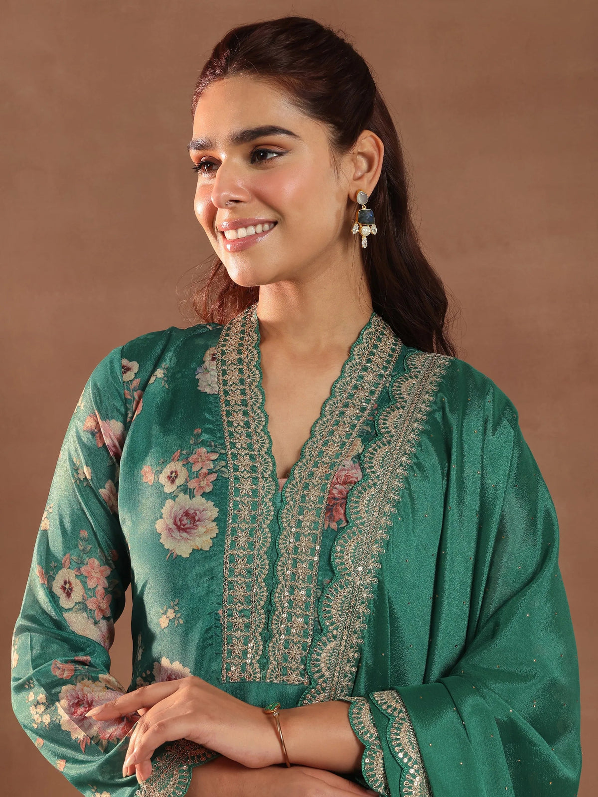 Libas Green Printed Silk Blend Straight Suit With Dupatta