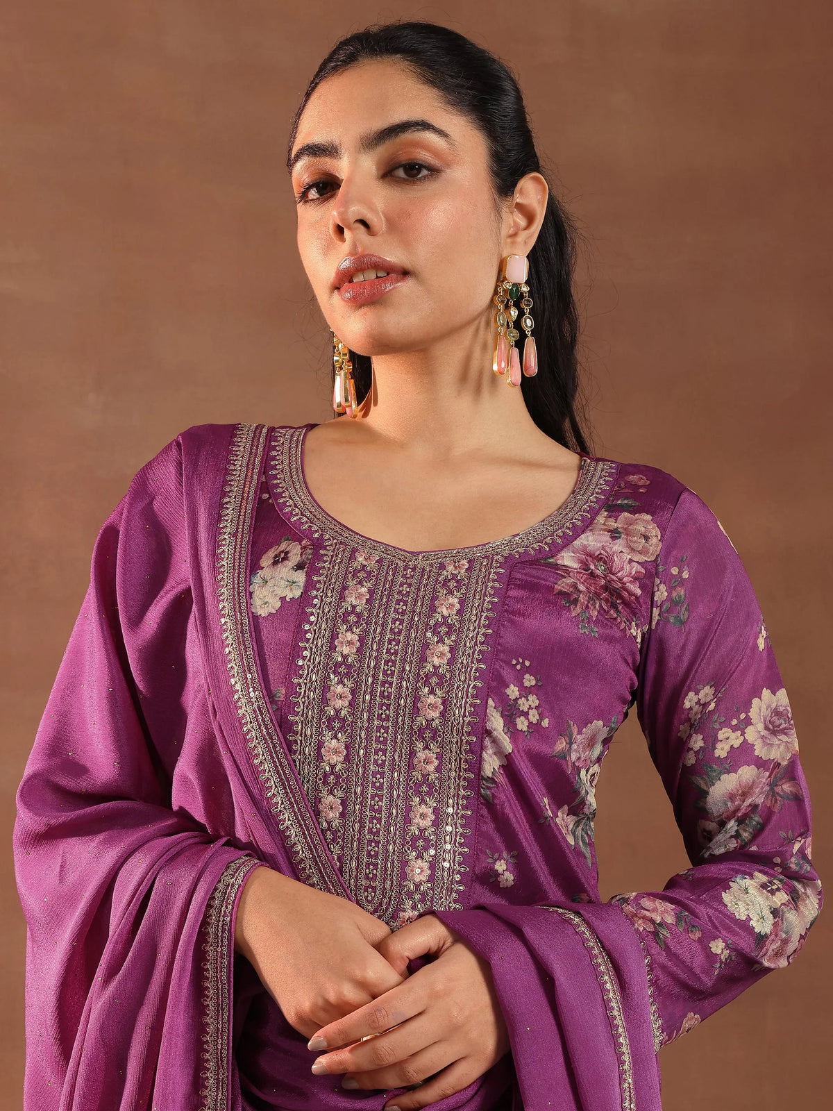 Libas Burgundy Printed Silk Blend Straight Suit With Dupatta