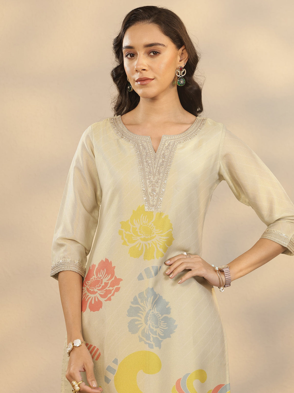 Libas Gold Printed Silk Blend Straight Suit Set With Dupatta
